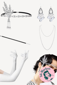 1920´er Gatsby/Charleston accessories/tilbehørssæt, hvid/sølv